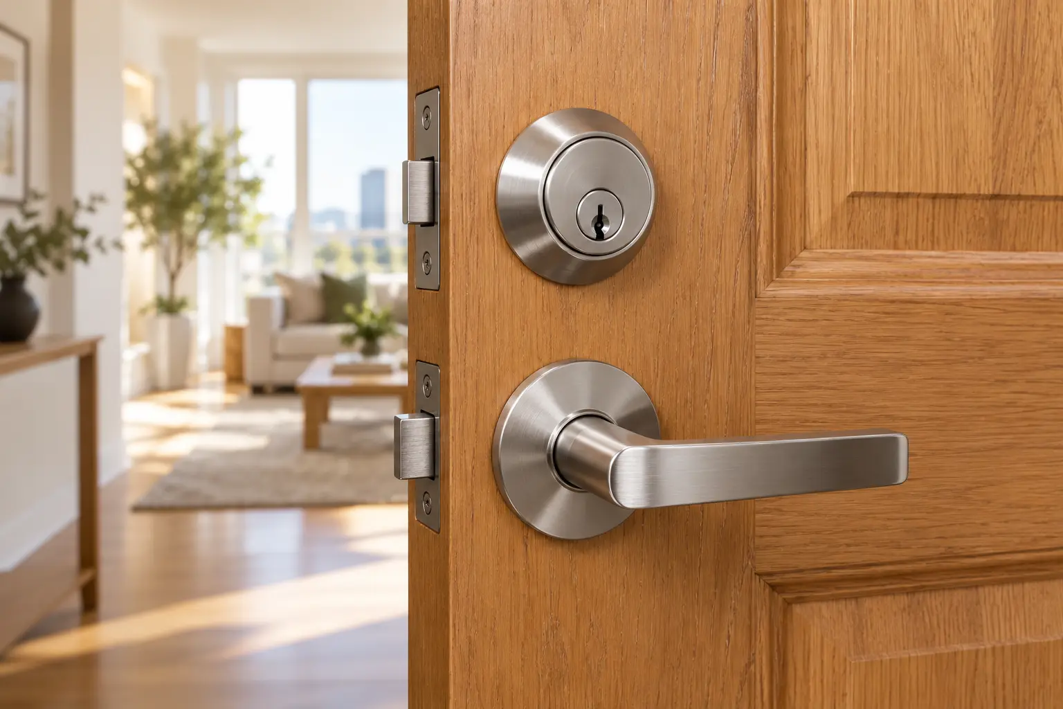 Cerradura y manilla metálicas recién instaladas en una puerta de madera